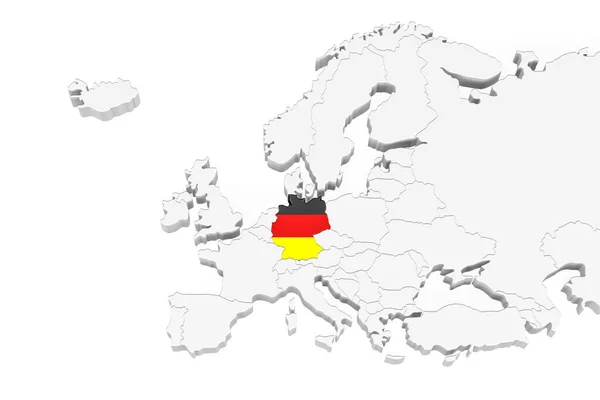 İşaretli sınırları olan 3D Avrupa haritası - Almanya bayrağı ile işaretlenmiş alan - metin için boşluk ile beyaz zemin üzerinde izole - 3D illüstrasyon
