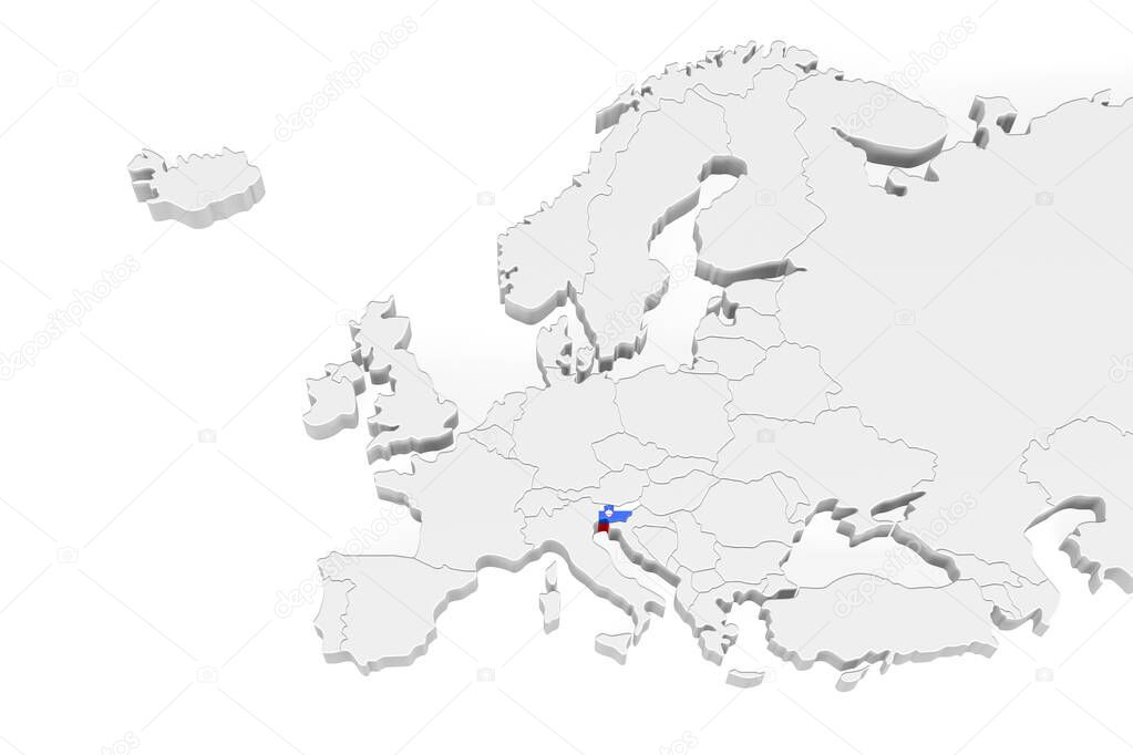 3D Europe map with marked borders - area of Slovenia marked with Slovenia flag - isolated on white background with space for text - 3D illustration