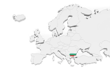 İşaretli sınırları olan 3D Avrupa haritası - Bulgaristan bayrağı ile işaretlenmiş alan - metin için boşluk ile beyaz zemin üzerinde izole edilmiş - 3D illüstrasyon
