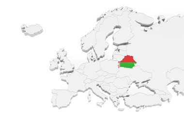 İşaretli sınırları olan 3D Avrupa haritası - Belarus bayrağı ile işaretlenmiş Belarus alanı - metin için boşluk ile beyaz arkaplan üzerinde izole - 3D illüstrasyon