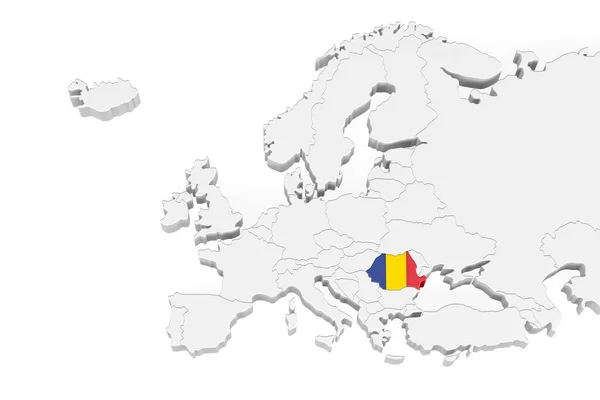 İşaretli sınırları olan 3D Avrupa haritası - Romanya bayrağı ile işaretlenmiş alan - beyaz zemin üzerinde yazılı olarak izole edilmiş - 3D illüstrasyon