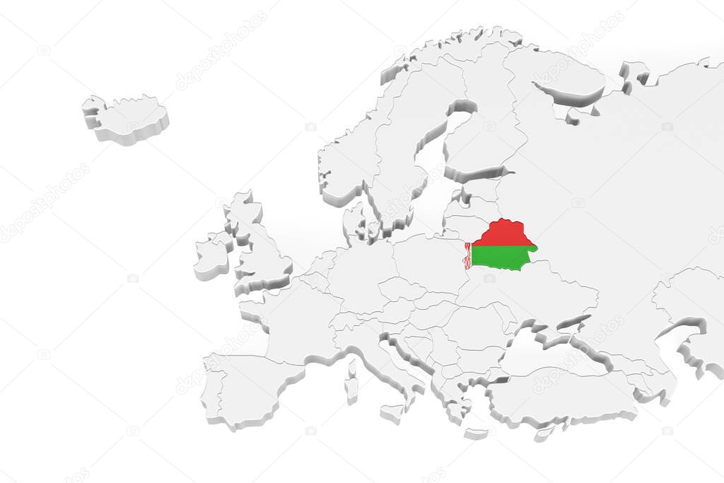 3D Europe map with marked borders - area of Belarus marked with Belarus flag - isolated on white background with space for text - 3D illustration