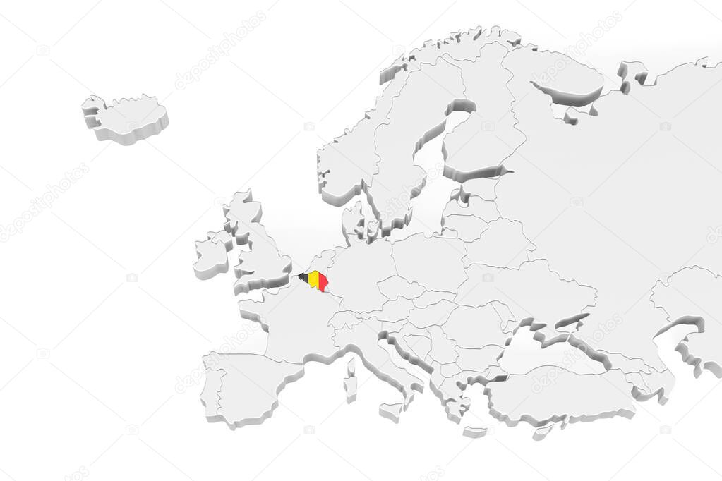 3D Europe map with marked borders - area of Belgium marked with Belgium flag - isolated on white background with space for text - 3D illustration