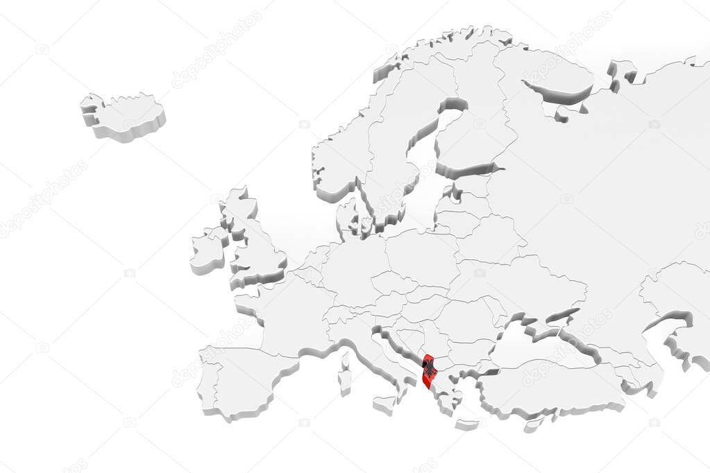 3D Europe map with marked borders - area of Albania marked with Albania flag - isolated on white background with space for text - 3D illustration