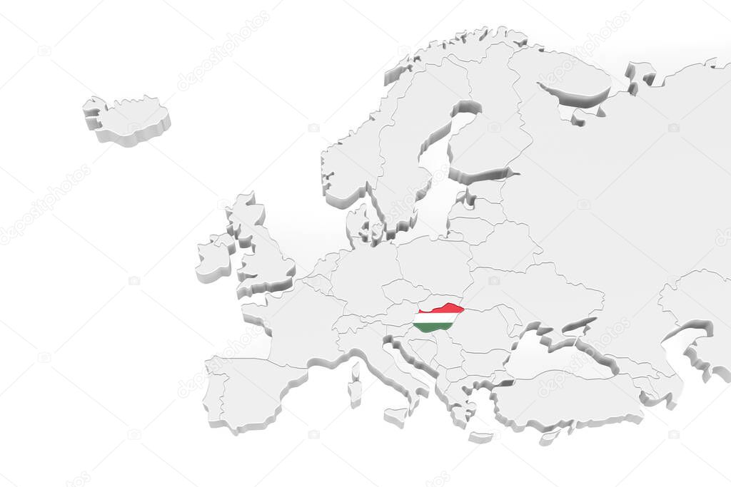 3D Europe map with marked borders - area of Hungary marked with Hungary flag - isolated on white background with space for text - 3D illustration