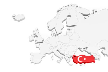 İşaretli sınırları olan 3D Avrupa haritası - Türkiye bayrağı ile işaretlenmiş - beyaz zemin üzerinde metin için boşluk - 3D illüstrasyon