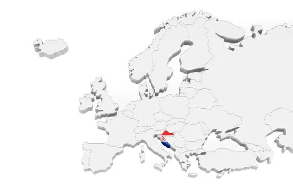İşaretli sınırları olan 3D Avrupa haritası - Hırvatistan bayrağı ile işaretlenmiş alan - beyaz zemin üzerinde metne ayrılmış - 3D illüstrasyon