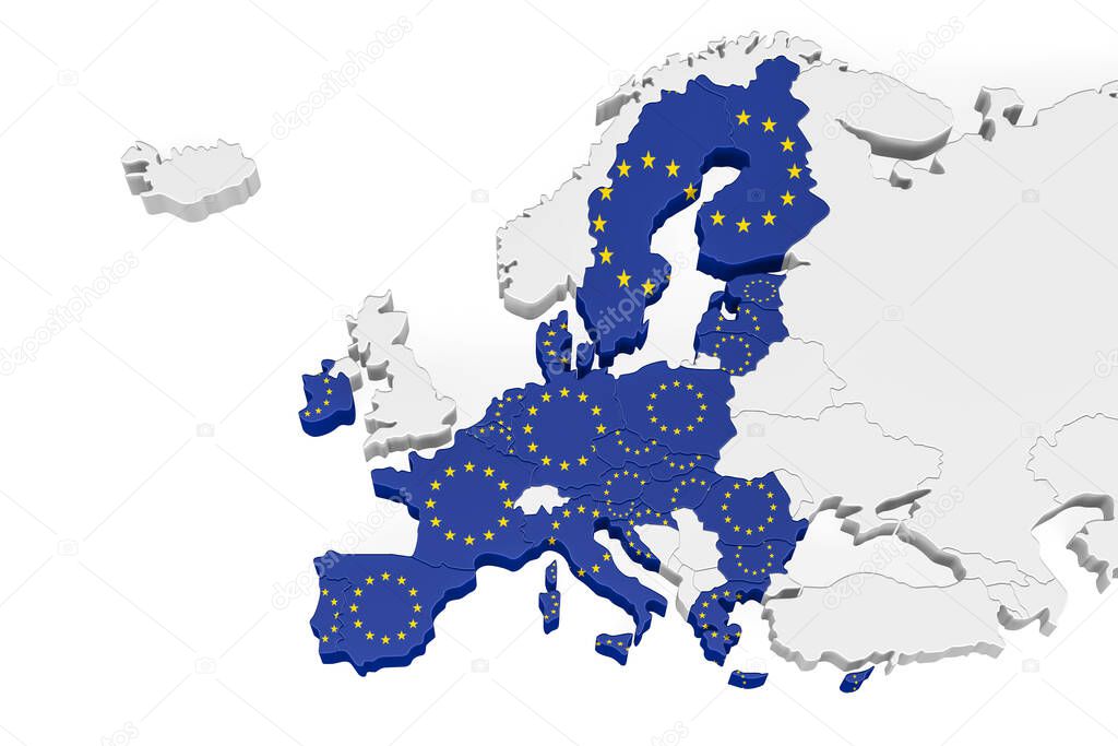 Europe 3d map with marked borders - European Union member states on a three dimensional map of Europe marked with EU flag - isolated on white background - 3D illustration