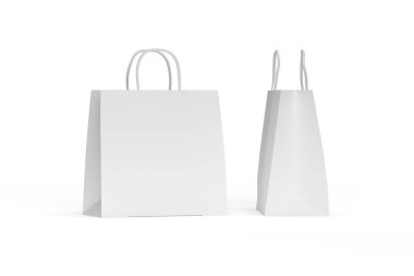 Beyaz arkaplanda izole edilmiş sicim saplı kağıt torba modeli - 3d oluşturma