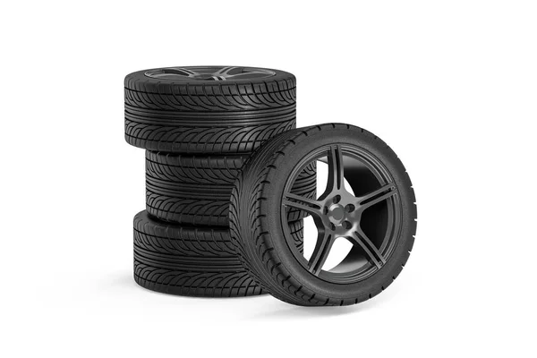 Dört araba tekerleği - jantlar beyaz arka planda izole edilmiş yolcu vagonu için jantlar - 3D