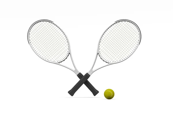 Zwei Tennisschläger Mit Einem Ball Isoliert Auf Weiß Render — Stockfoto