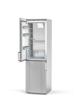 Beyaz arkaplanda izole edilmiş gümüş renkli lüks buzdolabı - 3D render - ön görünüm