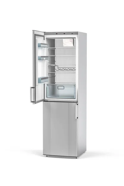 Beyaz arkaplanda izole edilmiş gümüş renkli lüks buzdolabı - 3D render - ön görünüm