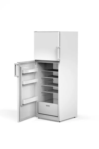 Refrigerador Económico Blanco Aislado Sobre Fondo Blanco Render Vista Lateral — Foto de Stock