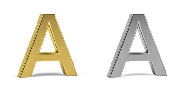 Üç boyutlu A harfi, beyaz zemin üzerinde iki tip materyalden yapılmıştır - altın, alüminyum - 3d render