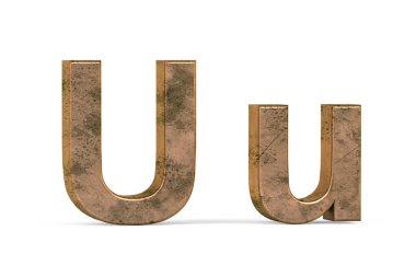 Pirinç 3D harf U - üç boyutlu büyük harf ve küçük U beyaz arka planda eski pirinç dokuyla kaplı - 3d render