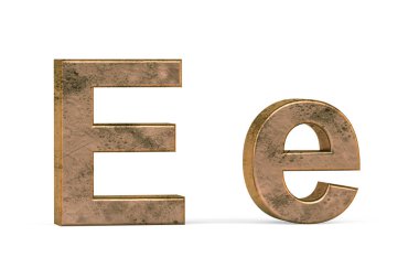 Pirinç 3D harf E - üç boyutlu büyük harf ve küçük E beyaz arka planda eski pirinç dokuyla kaplı - 3d render