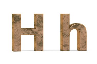 Pirinç 3D harf H - üç boyutlu büyük harf ve küçük harf H beyaz arkaplanda eski pirinç dokuyla kaplı - 3d render