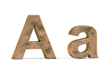 Pirinç 3D harf A - üç boyutlu büyük harf ve küçük harf A beyaz arka planda eski pirinç dokuyla kaplı - 3d render