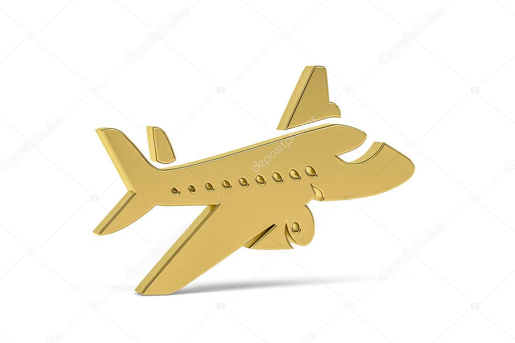 Golden 3d plane icon isolated on white background - 3d render
