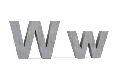 Beton 3D harf W - üç boyutlu büyük harf ve küçük W harfi beyaz arkaplanda beton dokuyla kaplı - 3d render