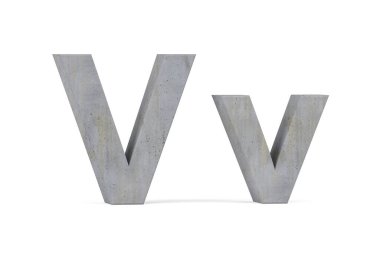 Beton 3D harf V - üç boyutlu büyük harf ve küçük V harfi beyaz arkaplan üzerinde beton dokuyla kaplı - 3d render