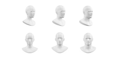 Kadın ve erkek manken baş modeli - beyaz arkaplanda ön ve profil görünümü - 3D görüntüleme
