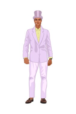 2D, pembe takım elbiseli zarif bir adamın resmi. Beyaz bir arka planda ağzında sigara olan şapkalı ayakta duran bir adamın portresi.