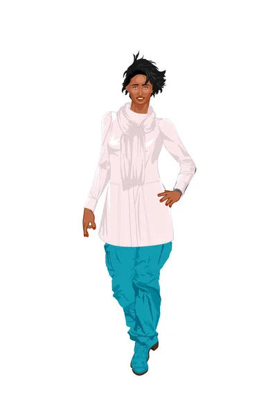 一个优雅女人的2D图解 一个穿着时尚的女人站在白色背景上的画像 — 图库照片