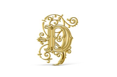 Altın dekoratif 3d harf D süslemeli beyaz arkaplanda izole edilmiş - 3D görüntüleme