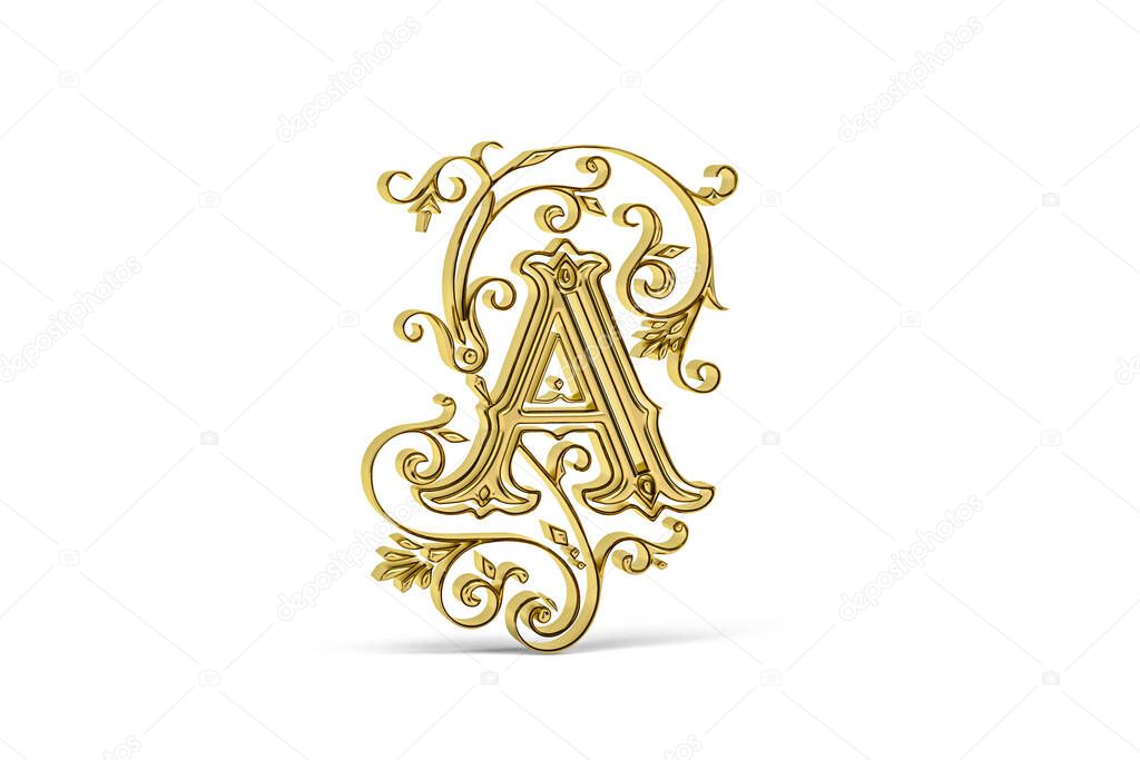 Golden decorative 3d letter A with ornament - 3D render