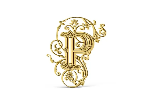 Golden decorative 3d letter P with ornament isolated on white background - 3D render