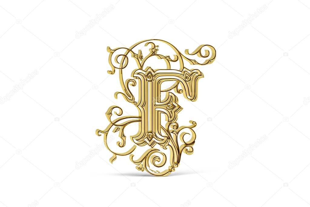 Golden decorative 3d letter F with ornament isolated on white background - 3D render