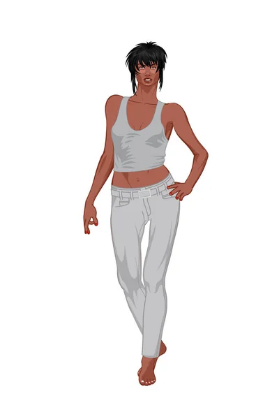 一个优雅女人的2D图解 一个穿着时尚的女人站在白色背景上的画像 — 图库照片