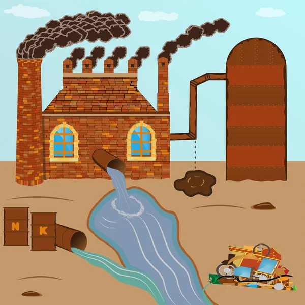 La brique d'usine fume des tuyaux, la pollution se déverse dans un tuyau avec — Image vectorielle