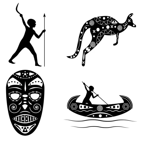 Noir - silhouettes blanches du masque traditionnel chaman australien , — Image vectorielle