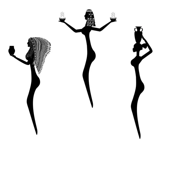 Een set van silhouetten van vrouwen van de oude stammen van Afrika, t — Stockvector