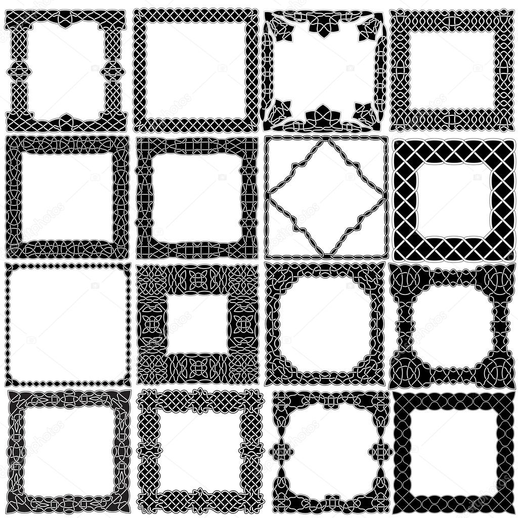Black - white set of sixteen frames in Celtic, Arabic, Indian st