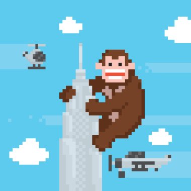 Gorilla on a top of skyscraper old school pixel art vector