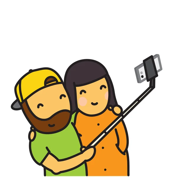 Pareja de dibujos animados haciendo foto usando el teléfono inteligente y la ilustración vectorial selfie stick — Vector de stock