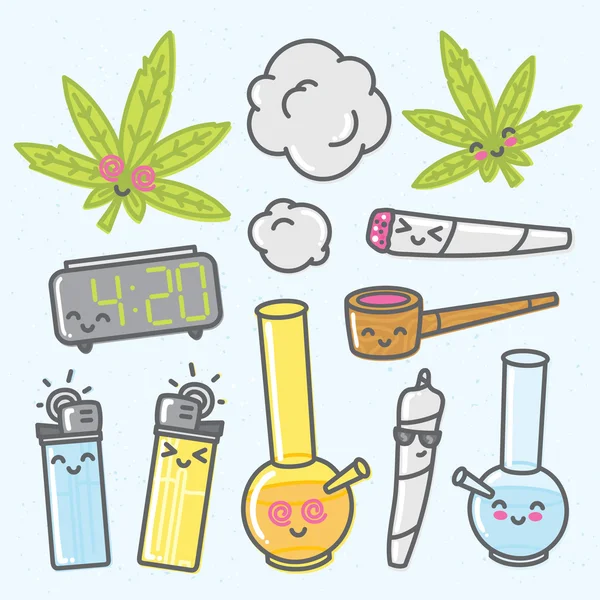 Marihuana kawaii dibujos animados vector objetos pack — Archivo Imágenes Vectoriales