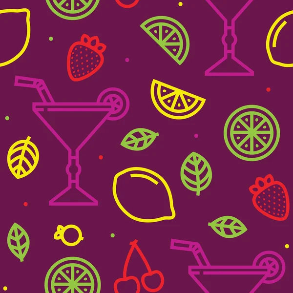 Cocktail, fruit en bessen naadloze paarse vector patroon — Stockvector