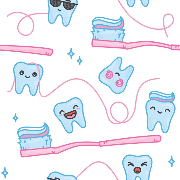 Teeth and toothbrush cartoon seamless vector pattern — Stock Vector