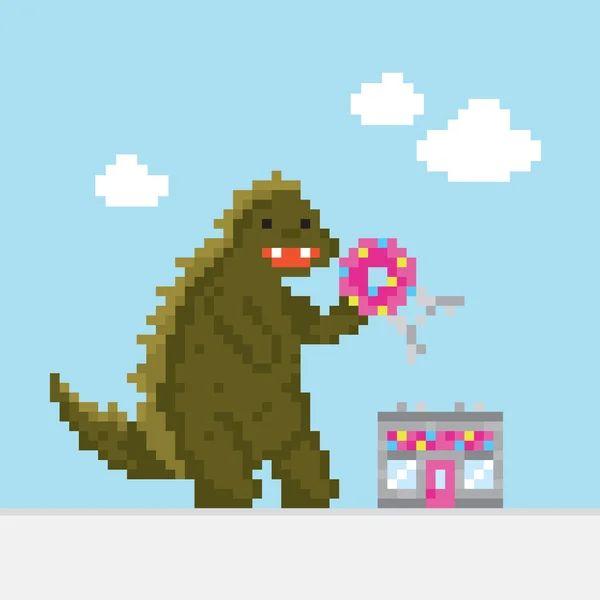 Grande dinossauro dos desenhos animados atacando Donut café vetor ilustração — Vetor de Stock