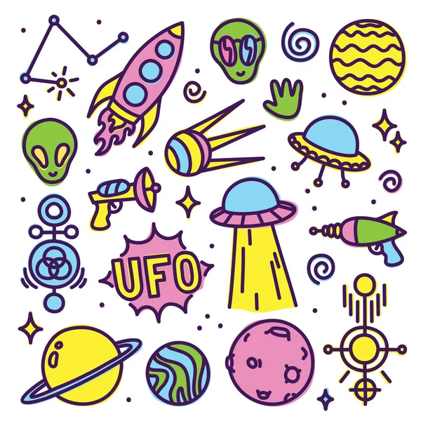 Hand getrokken cartoon Alien ruimte vector set — Stockvector