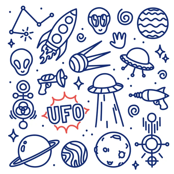 Inchiostro disegnato a mano cartone animato Alien space vector set — Vettoriale Stock