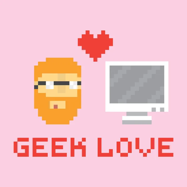 Pixel estilo de arte geek enamorado de la ilustración vectorial de ordenador — Vector de stock