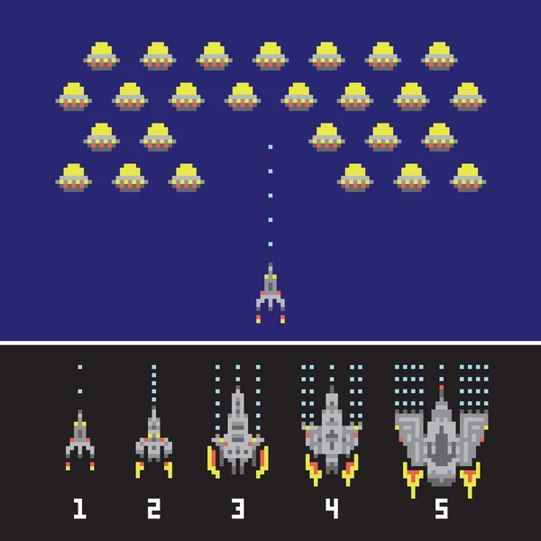 Pixel konst stil utrymme krig och rymdskepp speluppgraderingar vektor set — Stock vektor