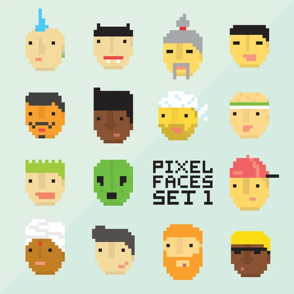 Pixel art stijl 15 cartoon avatar gezichten vector set 1 — Stockvector