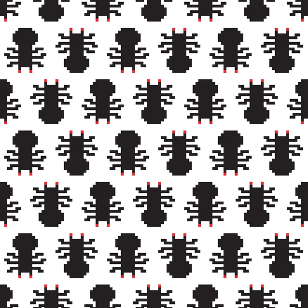 Pixel art style spiders seamless vector pattern white — Stock Vector